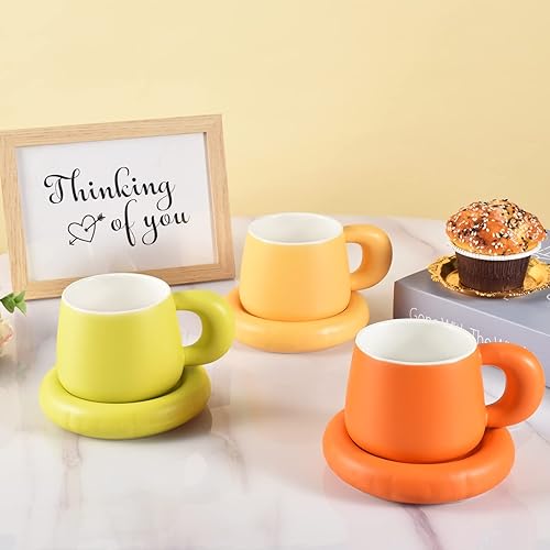 Miniatura 7 de Koythin Taza de café de cerámica con platillo, bonita taza creativa para el vientre con diseño de mango grueso para la oficina y el hogar, 8.5 oz8.5