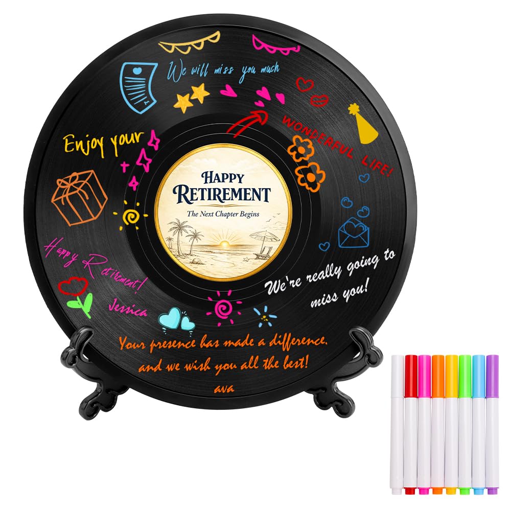 HUNGBAN 12 Inch Vinyl Record Signing Board Guest Book,8 Color Pens Included,Retirement Guest Book,Retirement Party Accents,Signature Keepsake Book