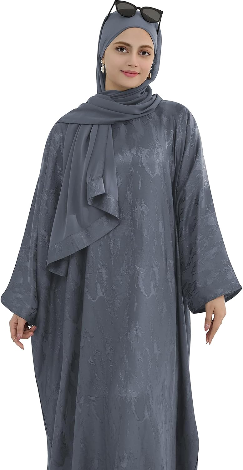 Elegant Eid Clothes Women Muslim Glossy Batwing Sleeve Abaya Ramadan Prayer Dress with Belt