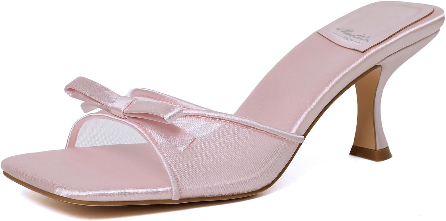 Kitten Heels for Women Round Toe Heels With Bow Vintage Mules Sexy Slip on Stiletto Backless Sandals for Party Daily