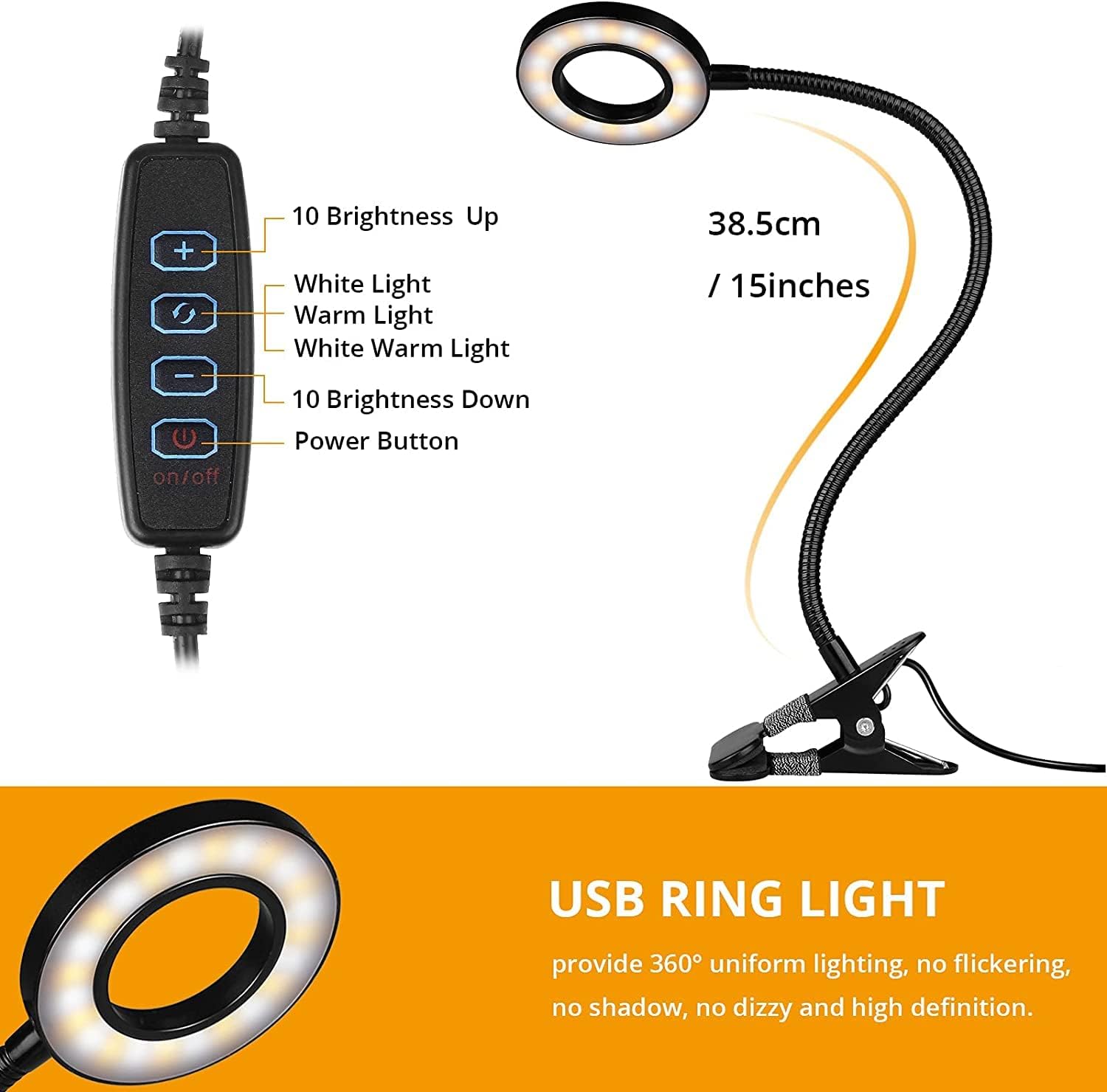 TBTeek LED Klemmleuchten, 48 LED Leselampe Bett Klemmbar, Augenpflege Schreibtischlampe, 3 Modi & 10 Dimmstufen, Klemmleuchte für Büro Heimgebrauch, CE Adapter Enthalten, Schwarz(2 Pack)