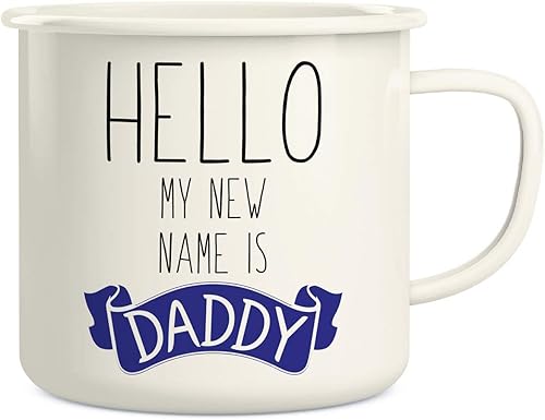 Retreez Taza de café con texto en inglés Hello My New Name is Daddy, de acero inoxidable esmaltado, de 16 onzas, regalo inspirador de cumpleaños