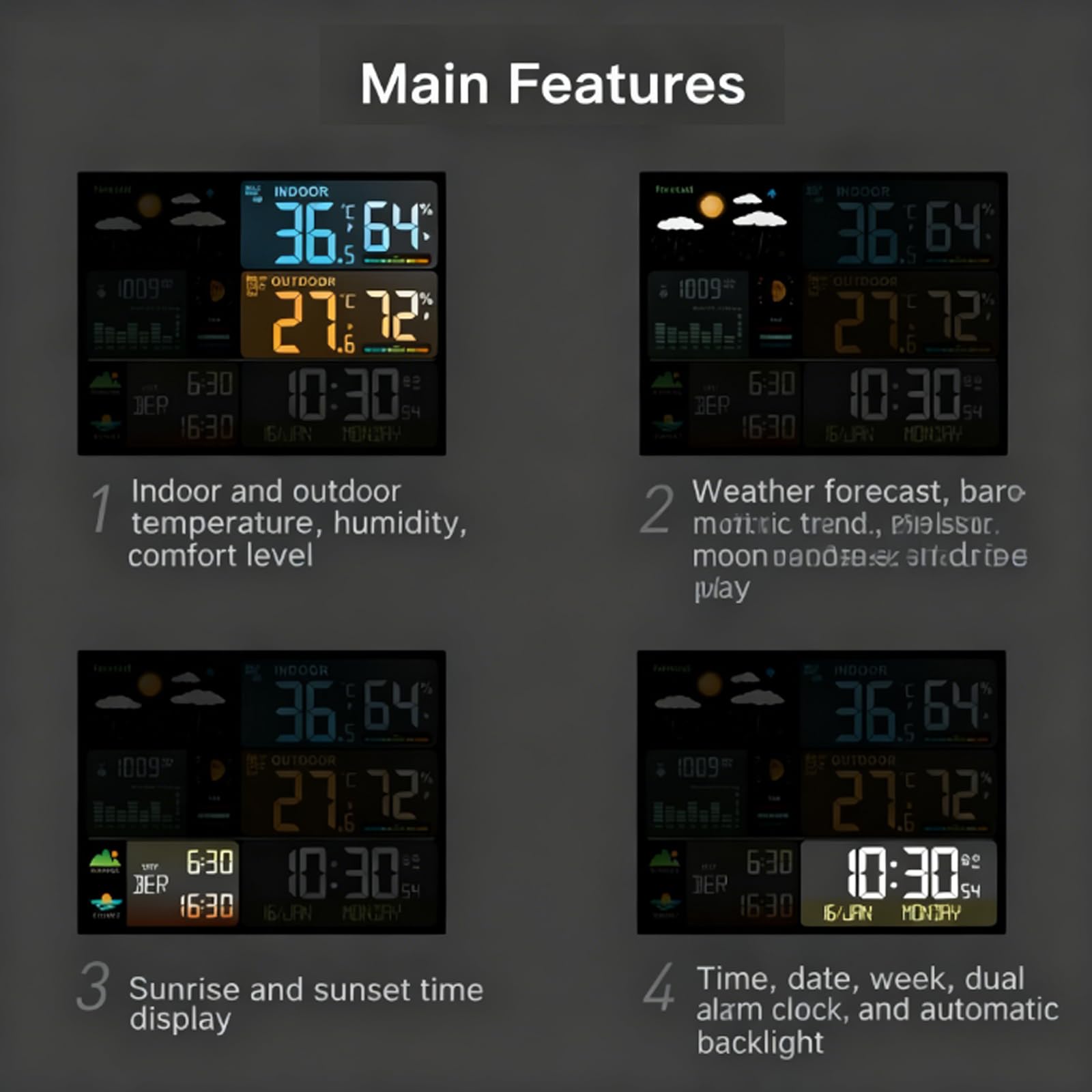 Stazione Meteo con Sensore Esterno - Display a Colori con Previsioni del Tempo, Monitor Temperatura e Umidità e Sveglia per Casa, Ufficio e Giardino