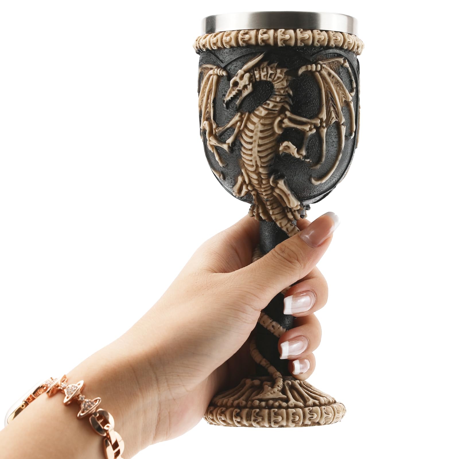 Calice gotico medievale in acciaio inox, dungeons and dragons guerriero vichingo pirata, corpo in resina con inserto in acciaio inox, tazza decorativa, regalo per feste di compleanno, 200 ml (dragone)