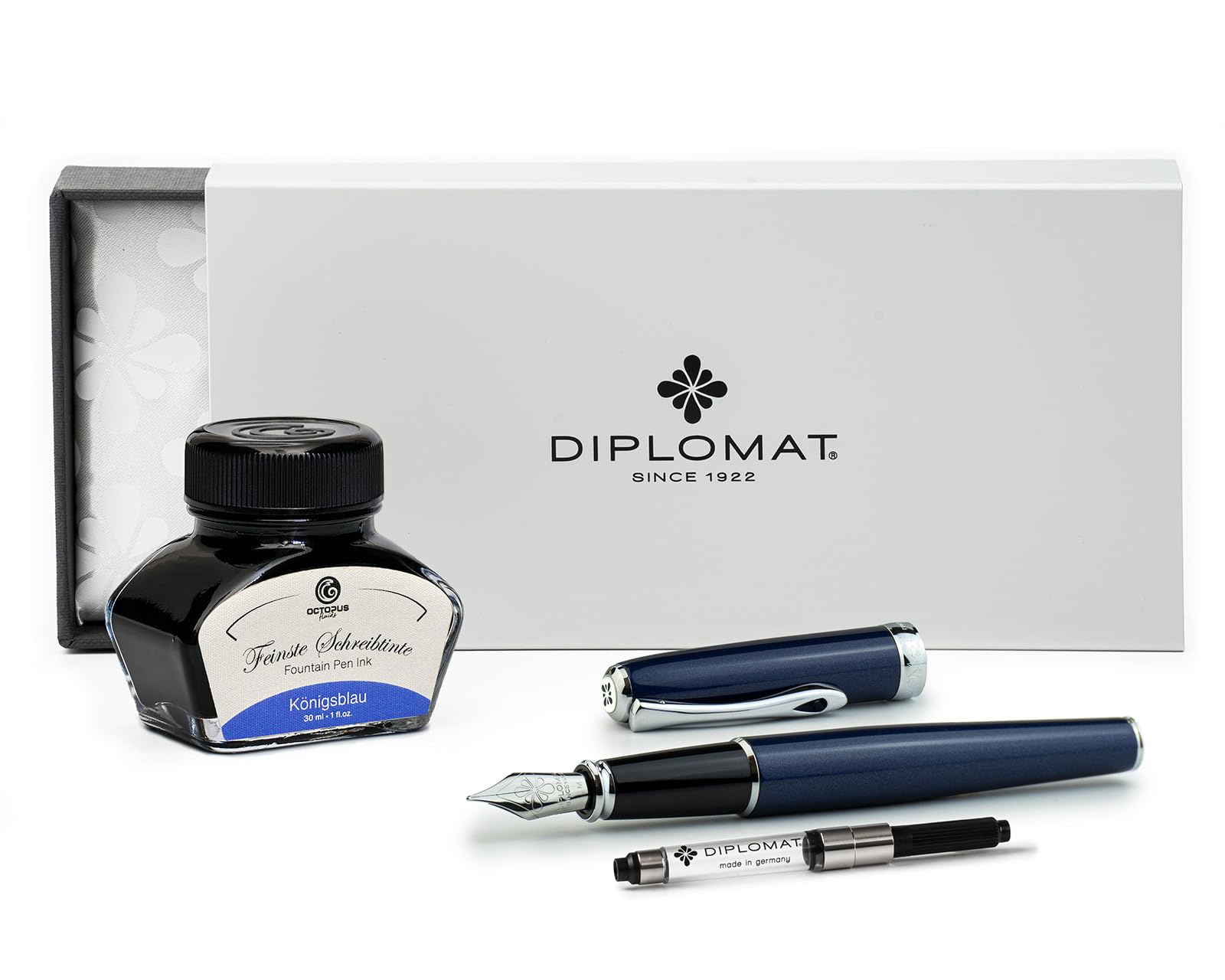Diplomat Excellence A2 Midnight Blue Chrome, stylo-plume avec encre d'écriture et convertisseur, stylo-plume avec plume acier inoxydable force M, parure de stylos-plumes