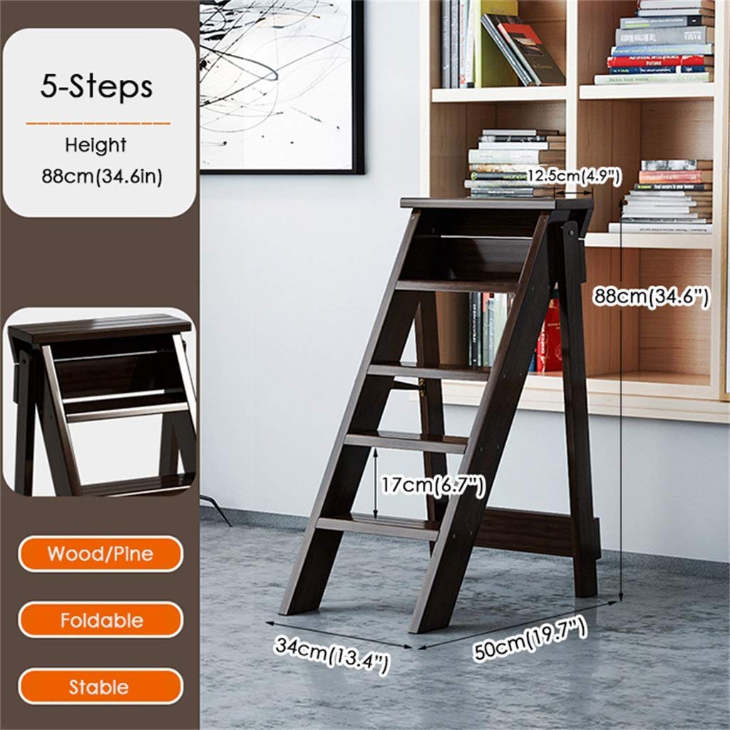 Escalera plegable multifunción de madera maciza de 5 peldaños para interiores y hogares, diseño de ahorro de espacio, escalera simple