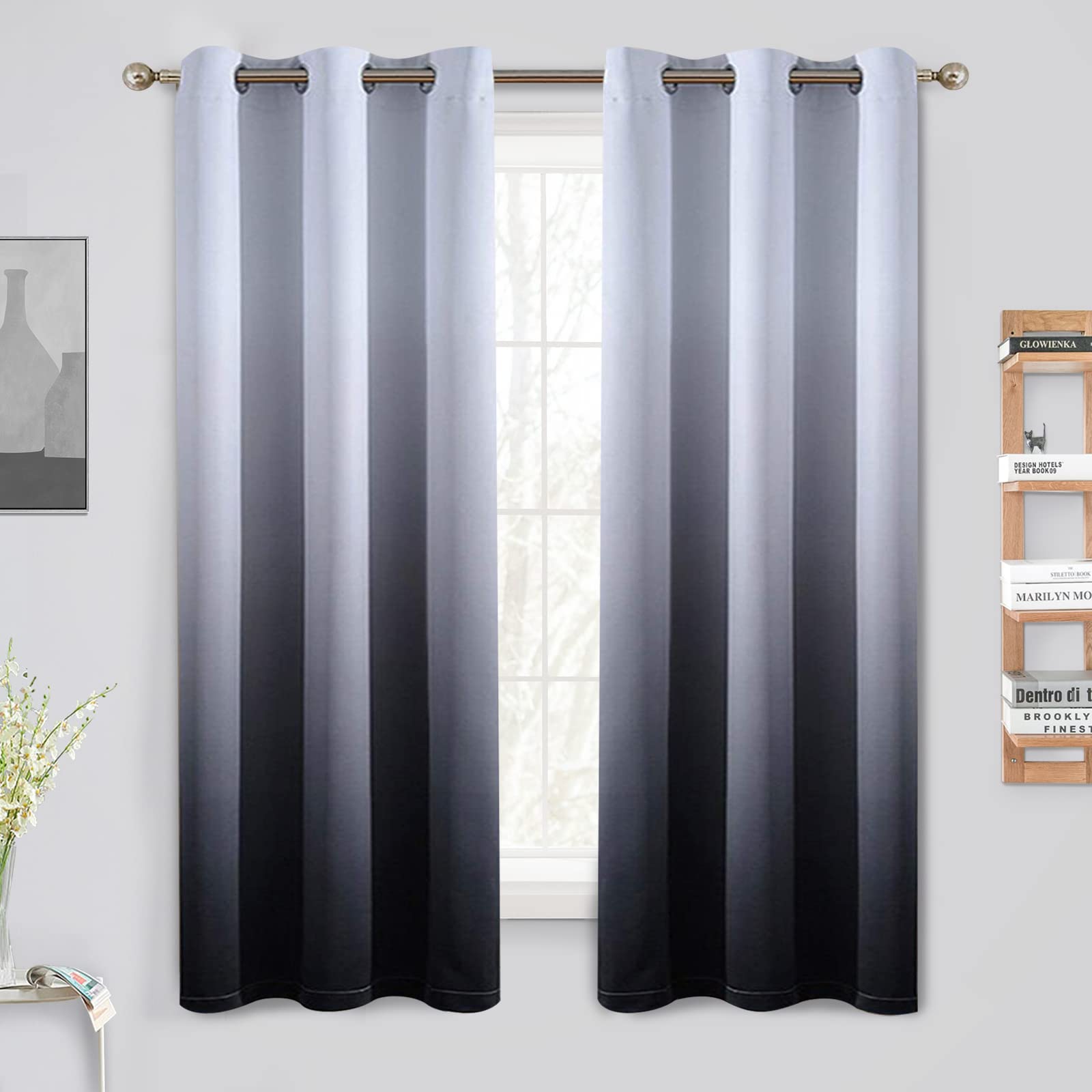 Yakamok Rideaux ombrés de 160 cm de long pour chambre à coucher, rideaux de fenêtre occultants à couleur dégradée avec œillets pour salon (noir, 2 panneaux, 106 x 160 cm)