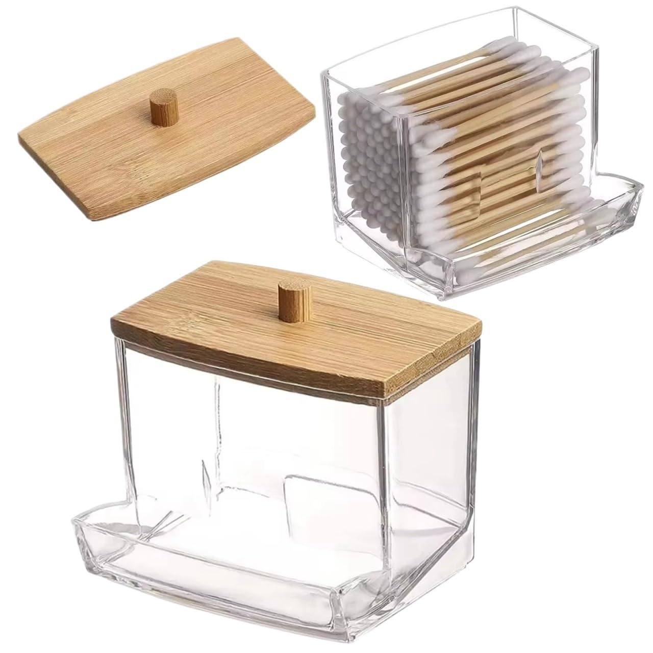 QuxetlRyz 1Pcs Cotton Swab Holder, Dispenser with Wooden Lids, Bathroom Storage Jars Containers Clear Plastic Cotton Buds Holder(Color2)