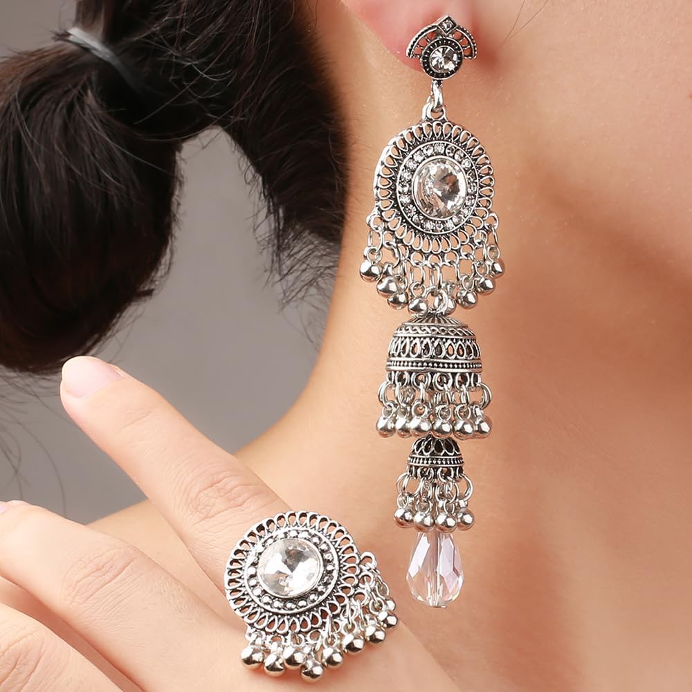 Vintage Jhumka Jhumki Tassel Drop Dangle Earrings Indian Ethnic Beaded Bell Statement Antique Traditional Earring for Women Crystal Wedding Party Festival Bohemian Bollywood Jewelry Gift - Image 2