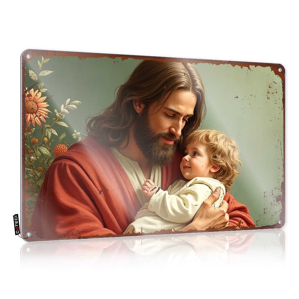 Fzfn Colour Humor Matal Sign, Cool Room Decorations Accessories Jesus Holding A Child Amidst A Floral Background | Farmhouse Man Cave Decor(30X40cm)