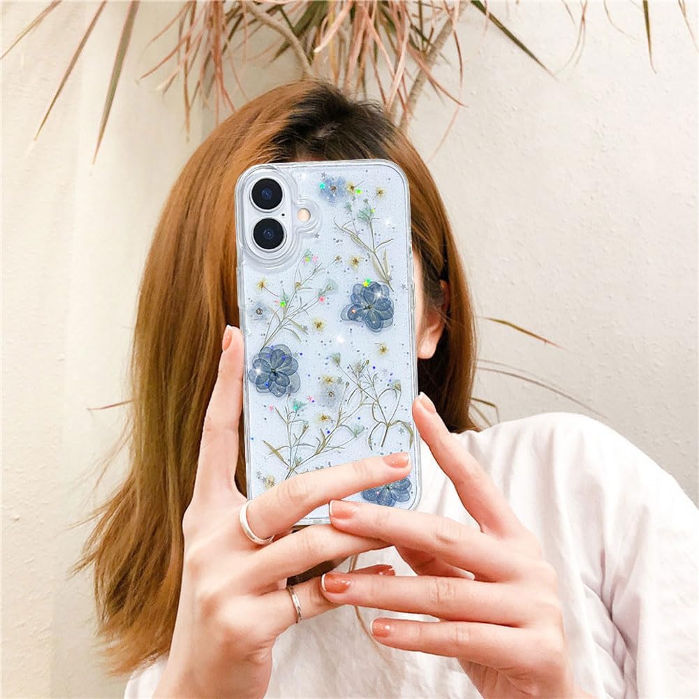 for iPhone 16 Floral Case Clear with Real Pressed Violet Blue Flowers Design Cute Bling Glitter Sparkle Slim Soft TPU Transparent Protective Women Girl's Girly Phone Cover Shell - Image 7