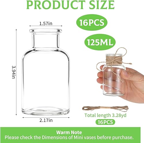 Miniatura 2 de Paquete de 16 jarrones de vidrio vintage para flores, jarrón pequeño transparente vintage para centros de mesa, jarrones de flores de granja, mini