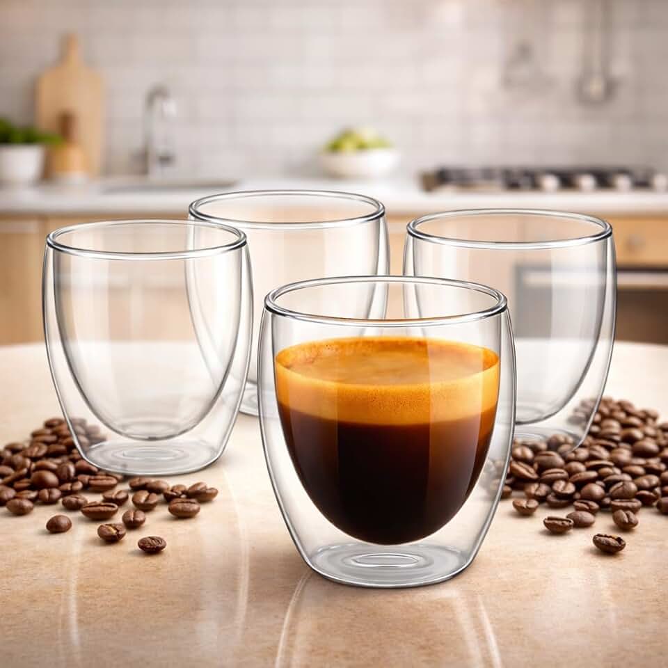 Conjunto 4 Xícaras de Vidro Borossilicato 180ml Parede Dupla – Copos Térmicos para Café, Espresso, Cappuccino e Chá – Isolamento Térmico, Resistente ao Calor, Bebidas Quentes e Frias