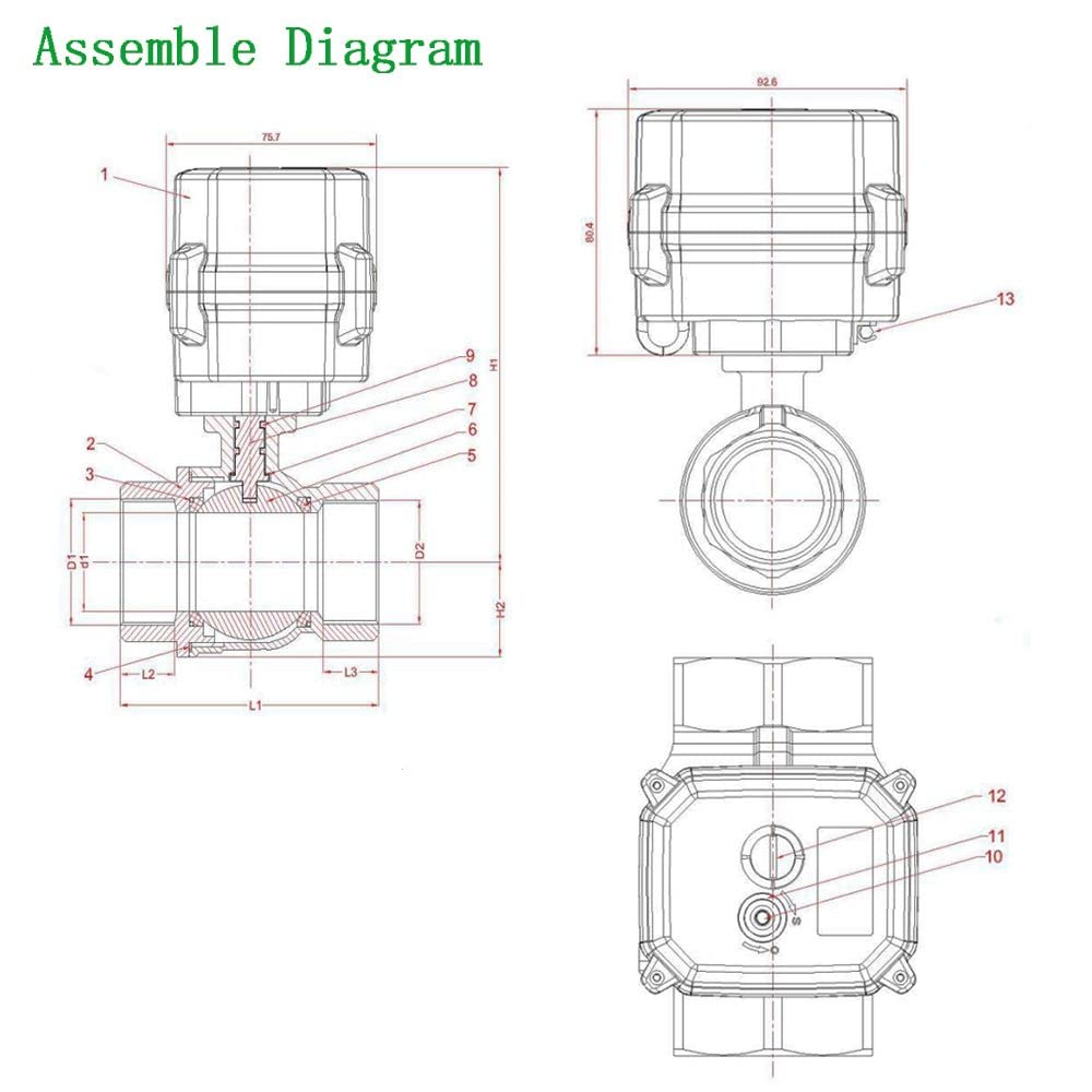 1 1/4" DN32 Válvula de bola eléctrica,110-230VAC Acero inoxidable 2 Vías Válvula de bola motorizada,Con función manual,2 Cables,Normalmente cerrada