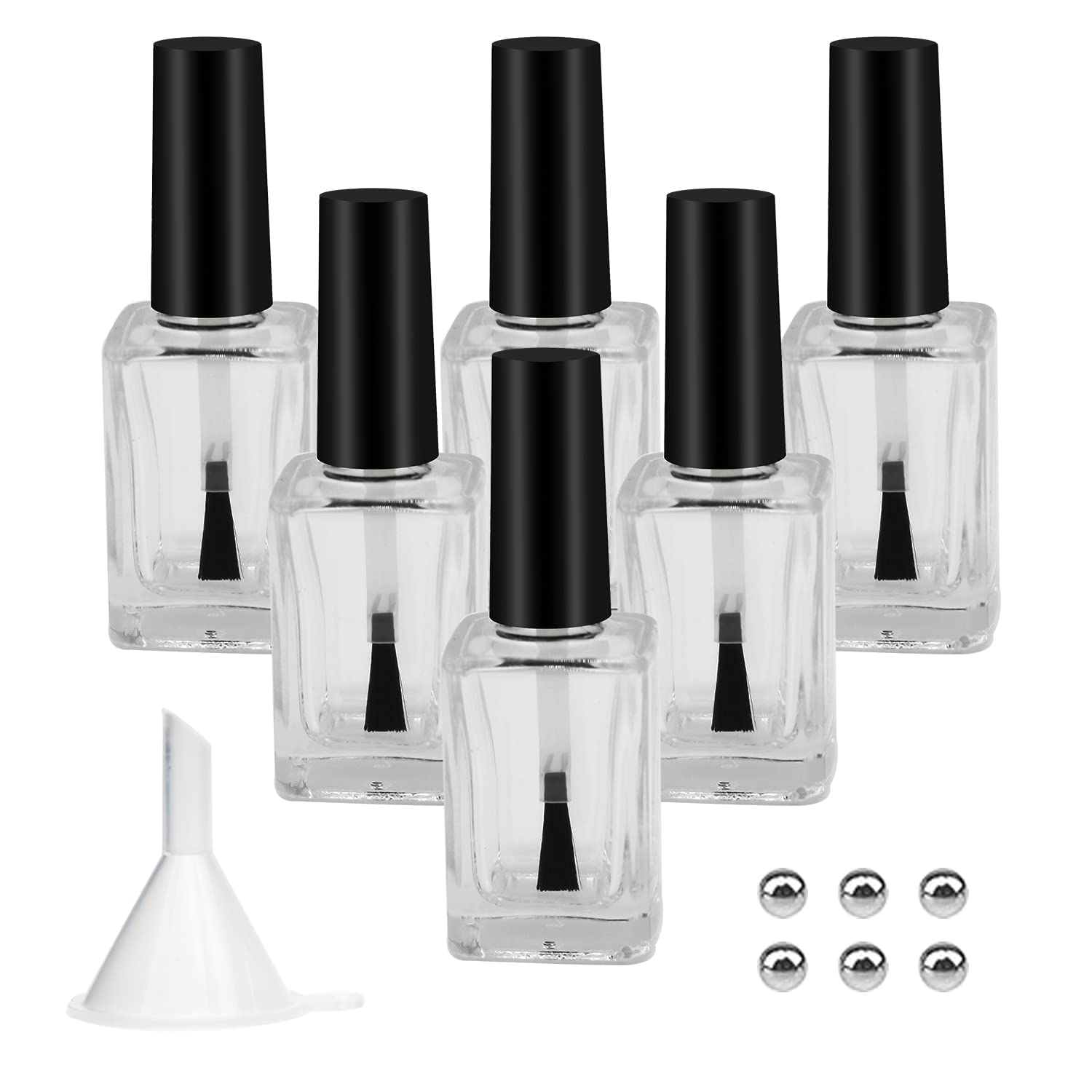 Agidea 6PCS Empty Nail Polish Bottles with Funnel, Empty Fingernail Polish Bottles Glass Rectangle with Brush & Mixing Balls Black (15ML)