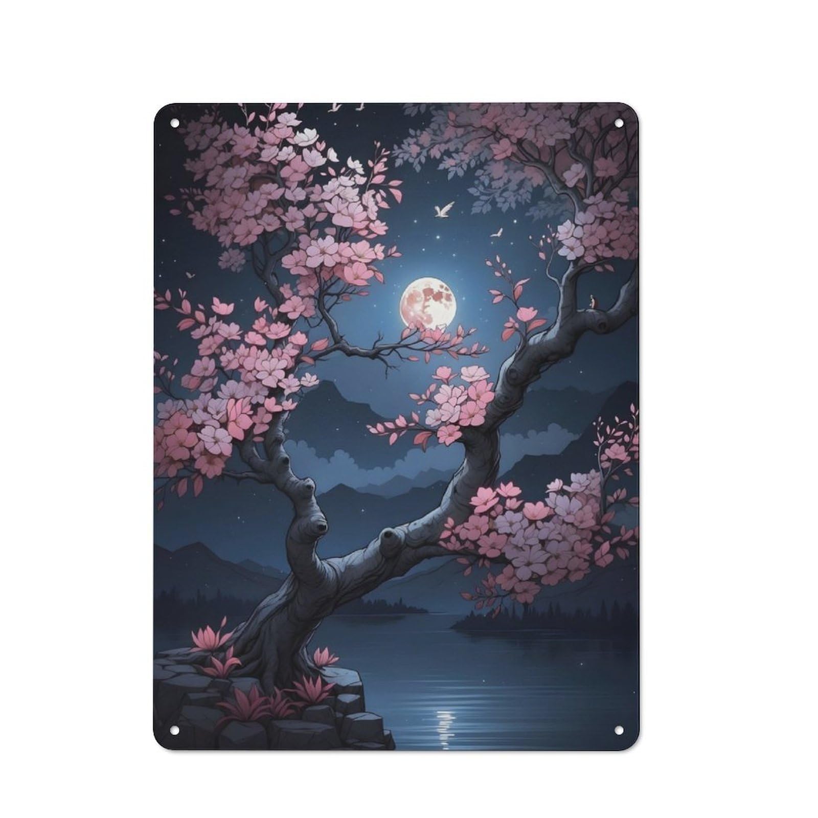 Junmoney Sakura Night Metal Wall Sign 40X30cm Featuring For Garage Or Workshop, For Home Office, Studio And Craft Room Walls