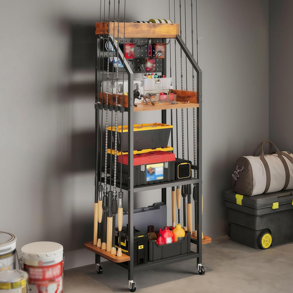 Supporto per canna da pesca per garage, scaffale a 3 livelli per 12 canne, organizer per rollare con ganci e pannello forato, scaffale per attrezzatura per pescatori