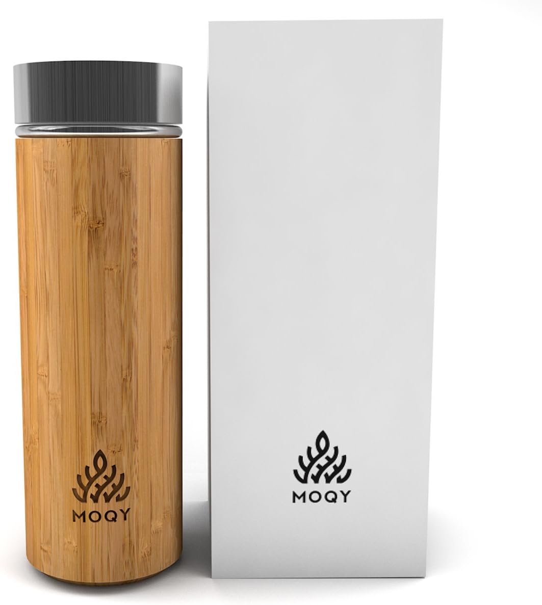MOQY® Tea Tumbler - Bamboo Stainless Steel Thermos - Insulated Coffee Travel Mug With Lid - Tea Infuser Bottle For Loose Leaf Tea - 12oz