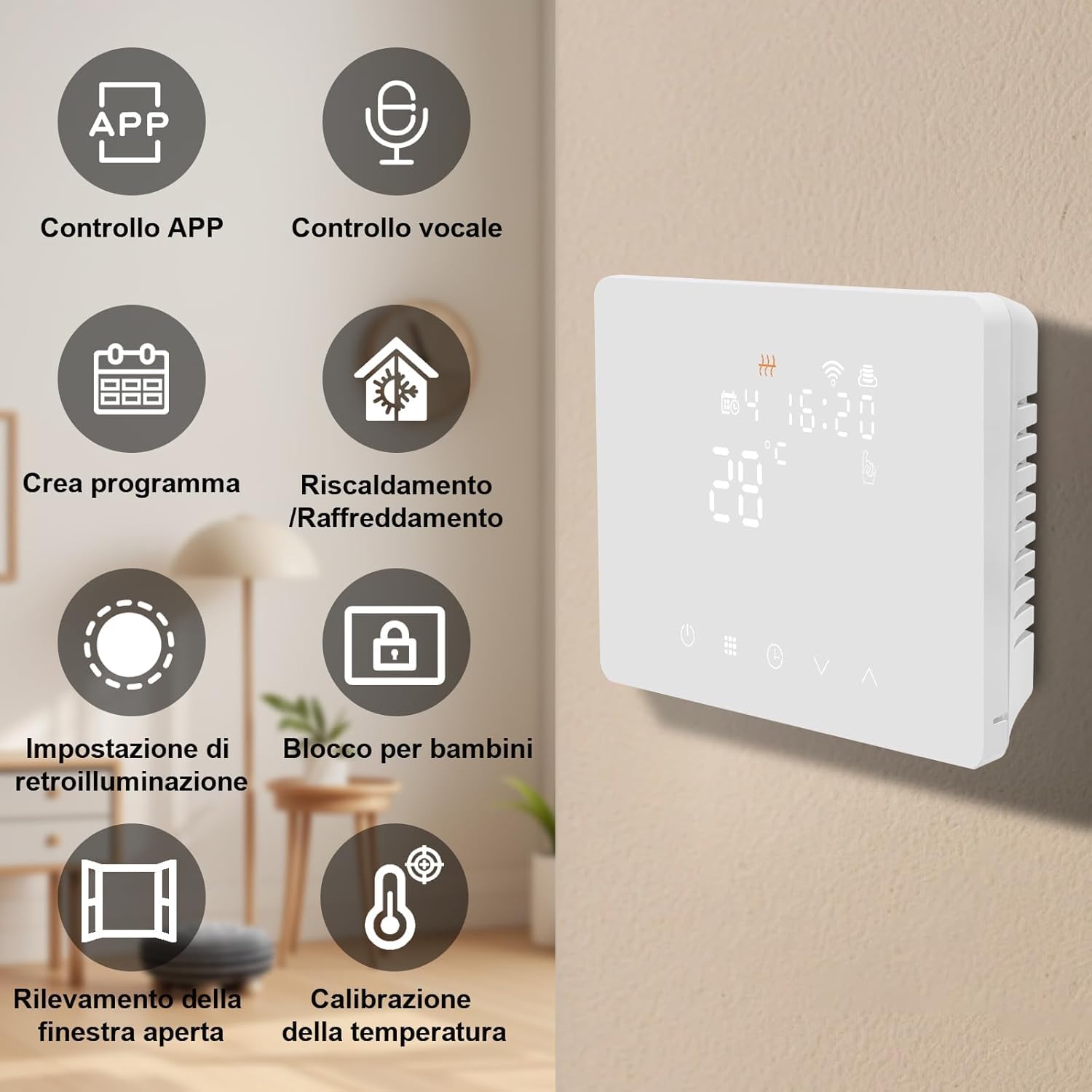 Termostato Caldaia WiFi Programmabile 220V 5A Alexa Compatibile, Cronotermostato Caldaia Digitale Intelligente 503 da Parete, Tuya/Smart Life App Controllo, Contatto Secco, (BIANCO)