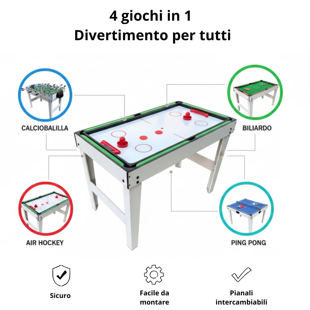 Tavolo da Gioco 4 in 1 - Biliardino, Air Hockey, Biliardo, Ping Pong - Calcio Balilla Multigioco per Bambini - Tavolo Multifunzione in MDF