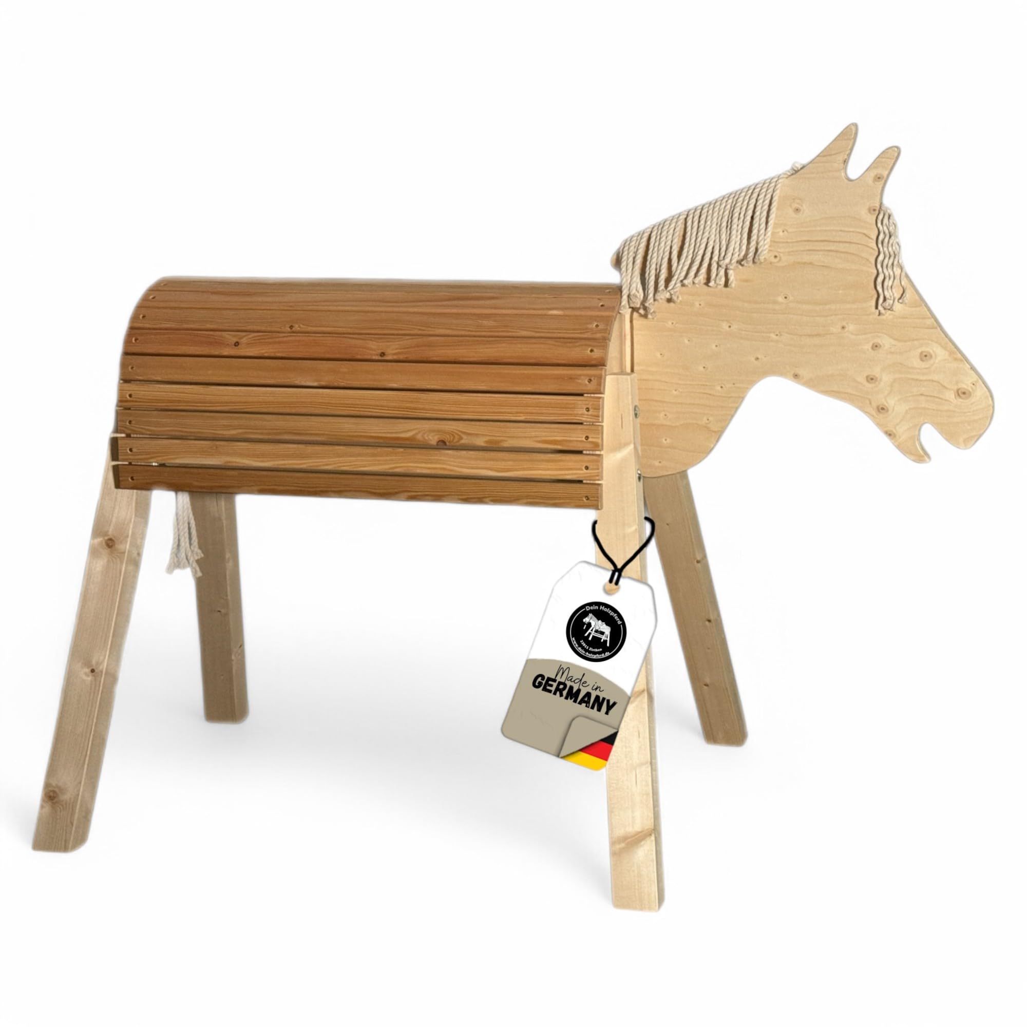 Wolle 100cm für draußen Reitpferd Garten Voltigierbock für Kinder, Stehpferd groß, Gartenpferd handgefertigt aus Deutschland, Voltigierpferd Holzpony mit Mähne