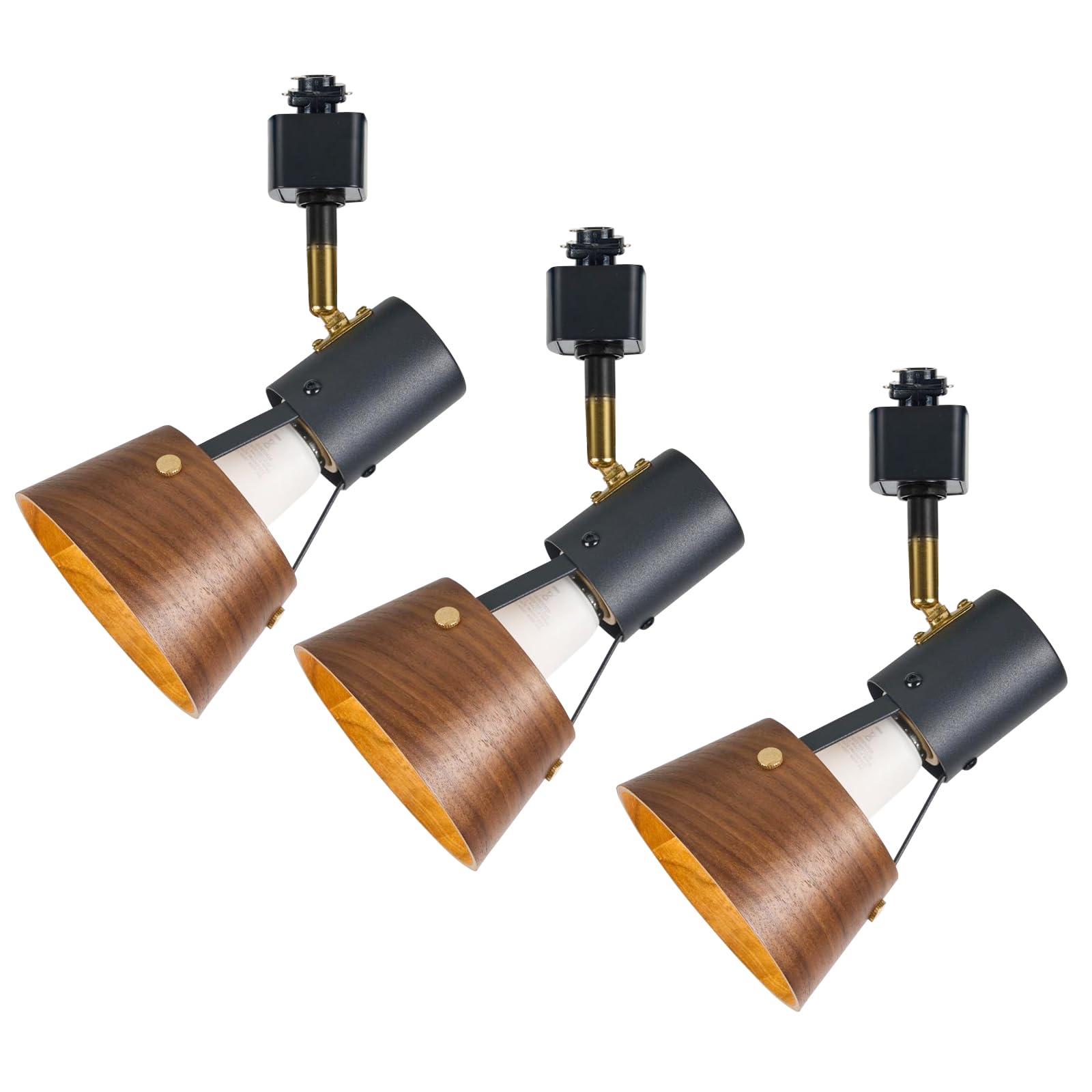 TeHenoo Modern H Type Track Lighting, Adjustable Track Heads,Matte Black Finish and Natural Wood Lampshade Spotlights, E26 Socket,Brass Swivel Item Kit, for Accent Retail-Pack of 3