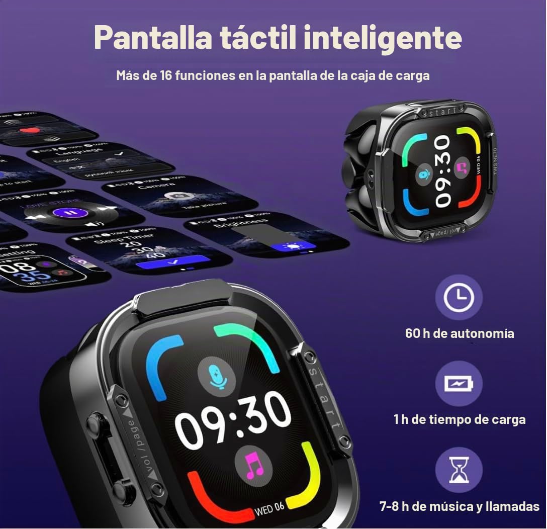 HTC NE70 - Auriculares inalámbricos Bluetooth con funda de carga para pantalla táctil, auriculares de ajuste abierto para música y llamadas, hasta 60 horas con funda, traducción asistida por