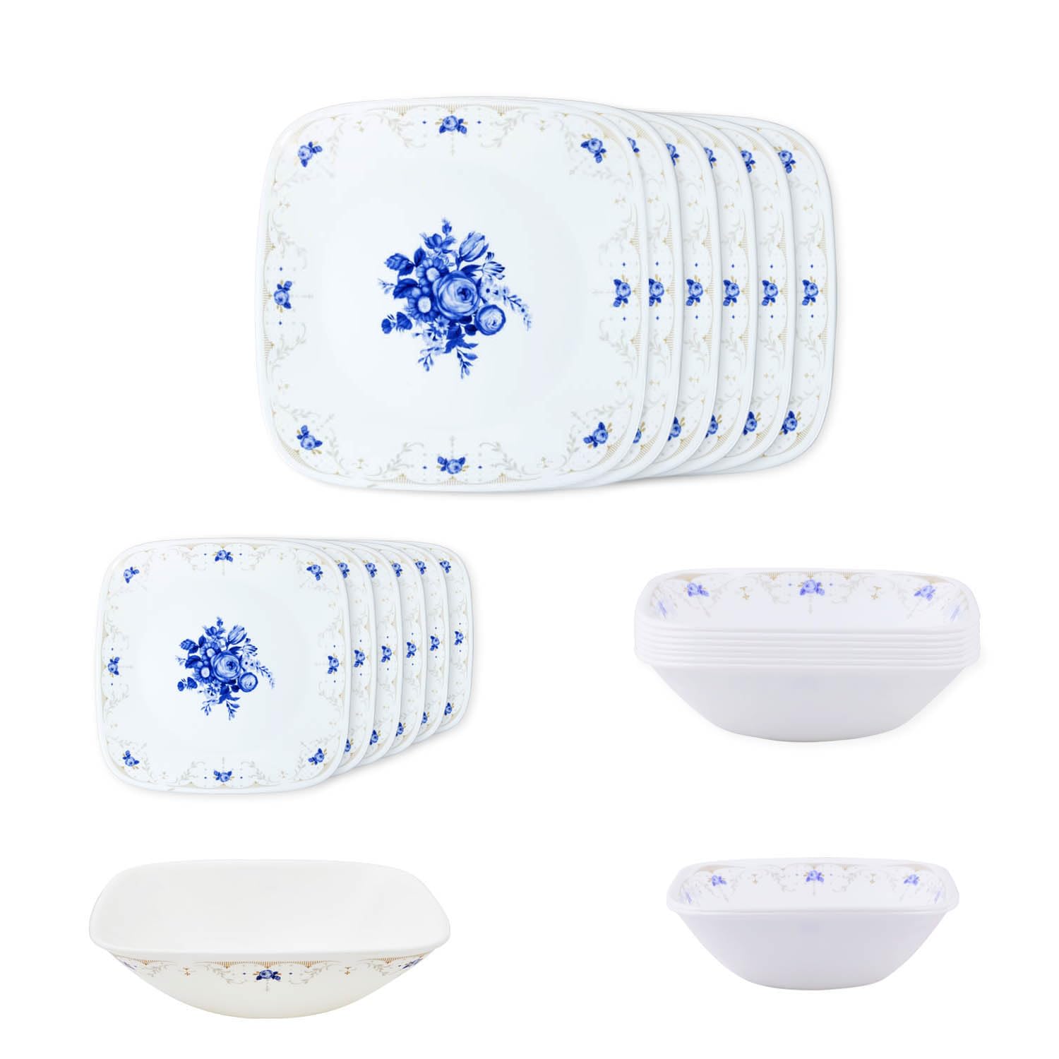 21 Pc Square Round Dinner Set Blooming Blue, Lightweight & Durable, Made of Vitrelle Glass, Microwave & Dishwasher Safe, Elegant Crockery for Dining & Gifting