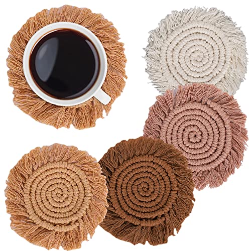 Whaline Boho Macrame Coasters Set of 4 Handmade Woven Drink Coaster Bohemian Cup Mat Pad with Tassel for Home Kitchen Office Party Table Decoration