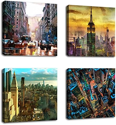 Canvas Wall Art Modern NY City Skyline Painting New York Skyscraper Abstract Painting Pictures Prints Street Art for Office Wall Decor 12" x 12" x 4 Pieces Contemporary Wall Art for Home Decoration