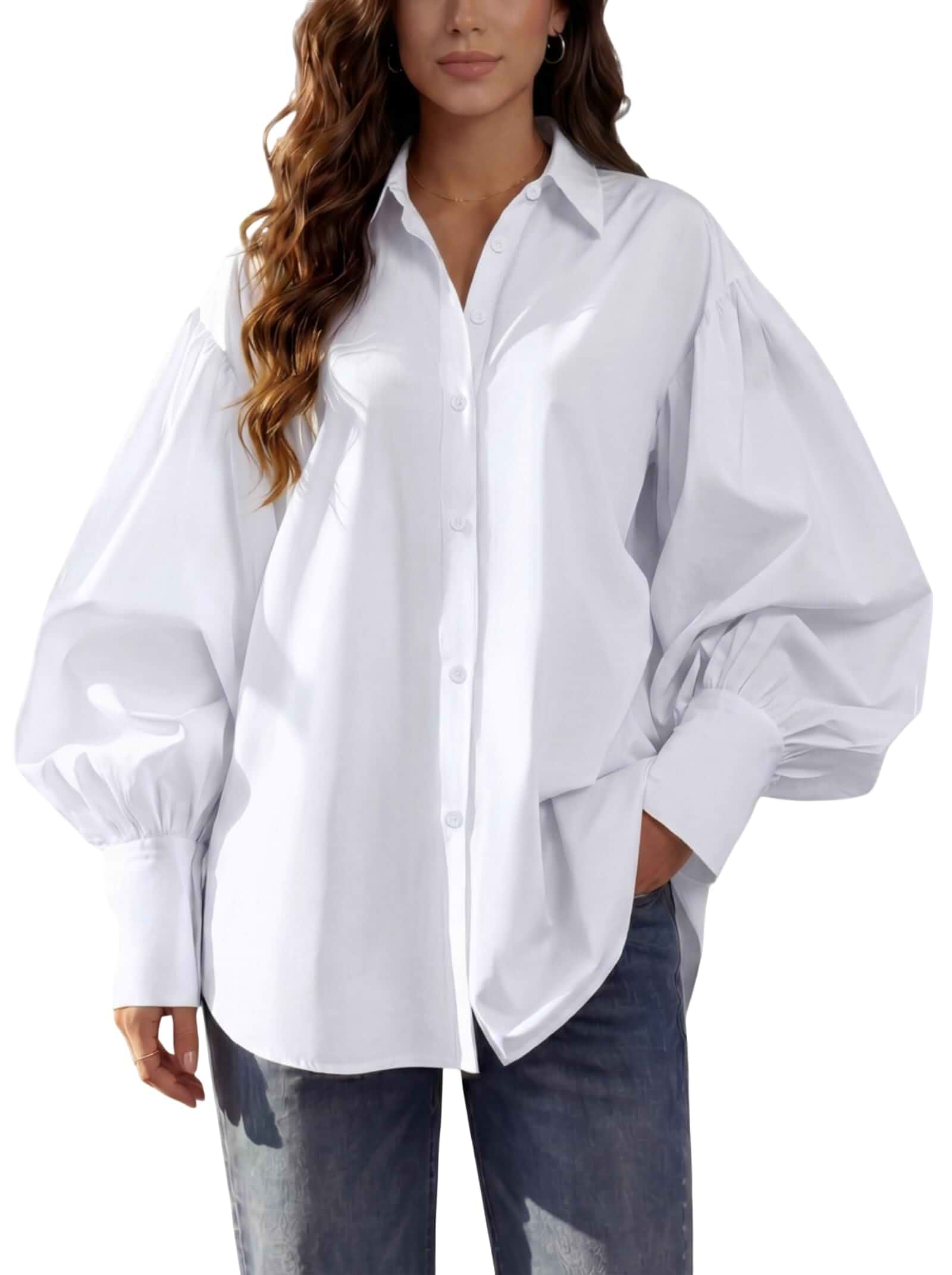 Womens Button Down Shirt Oversized Lantern Sleeve Blouse Top 100% cotton,puff sleeve,classic lapel collar,v neck,curved hem,loose fit,great for office,vacation and daily casual looks