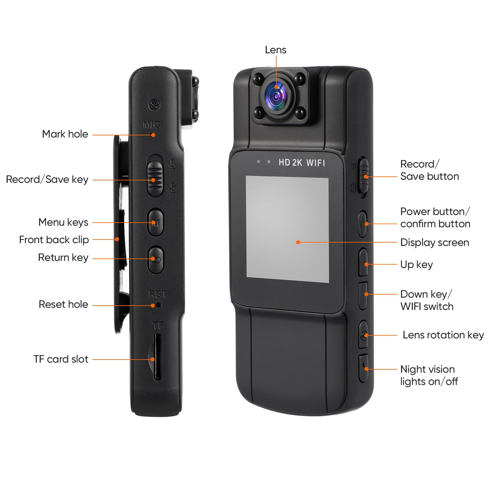 Toyvian Caméra Corporelle Portable 2k avec Écran, Objectif Rotatif 170°