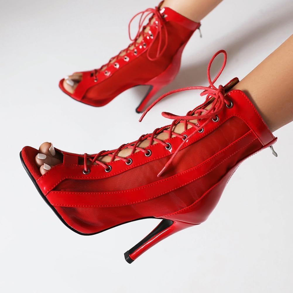 Women's Dance Boots Peep Toe Lace-up Ankle Dance Heels for Women Latin Ballroom Salsa Dance Shoes DS118