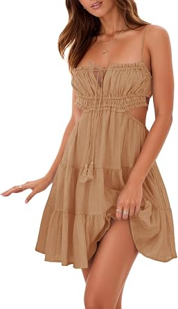 Wenrine Womens Summer Beach Mini Dress Backless Tiered Boho Sexy Dresses | Adjustable Spaghetti Straps, Sleeveless, Tiered Ruffle,Smocked ,Vacation,Party,Night Out,Sundress,Sun Dresses,Casual