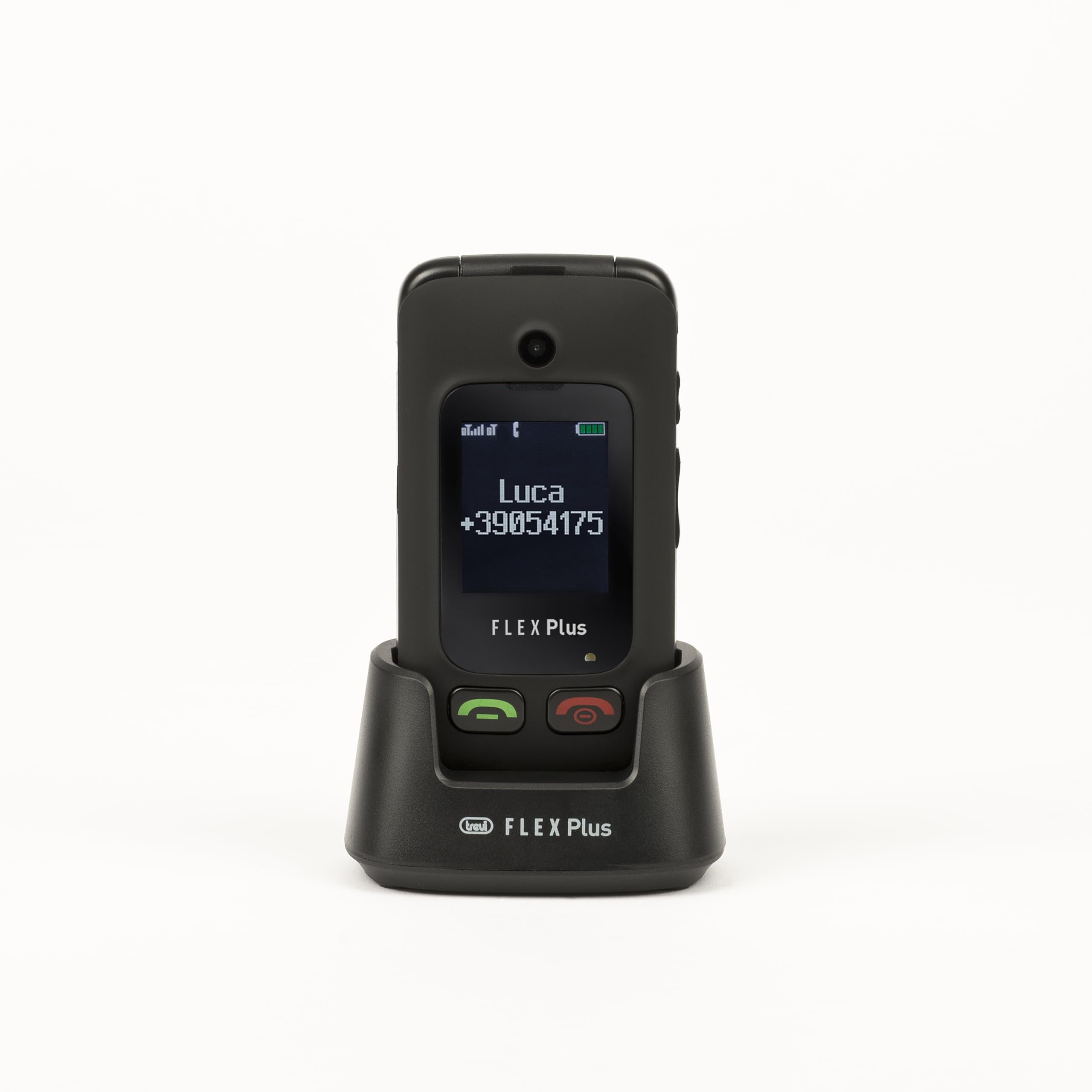 Trevi FLEX PLUS 55 Telefono Cellulare a Conchiglia per Anziani con Tasti Grandi Retroilluminati, Senior Phone con Tasto SOS Emergenza, Batteria Lunga Durata e Base di Ricarica Inclusa, Nero