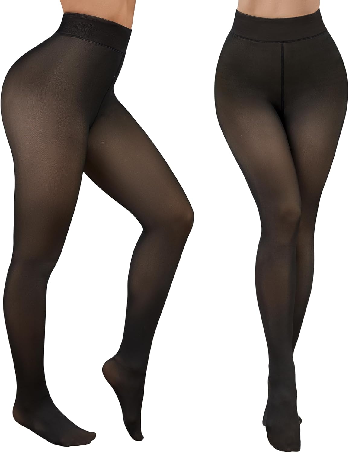 Justay 2 Pairs Fleece Lined Tights Women - Fake Translucent Thermal Warm Sheer Pantyhose Black Thick Leggings for Winter