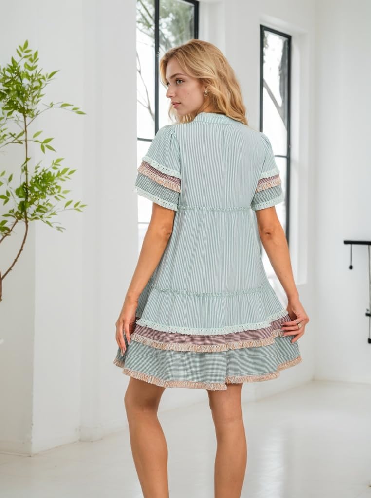 Women Striped Mini Dress V Neck A Line Flowy Fringe Hem Puff Sleeve Cute Tiered Babydoll Dress - Image 4