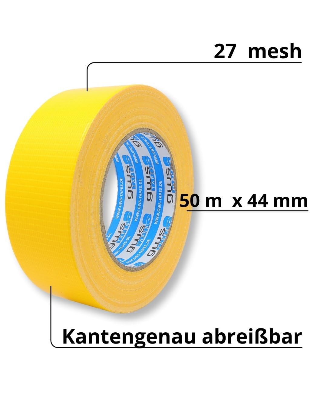 gws Gewebe-Klebeband, Synthesekautschuk-Panzertape-Duct-Tape, von Hand reißbar, 27 Mesh-Gewebe, Gewebeklebeband zur vielseitigen Anwendung 50 m x 48 mm (24, Gelb, 50 m x 44 mm)