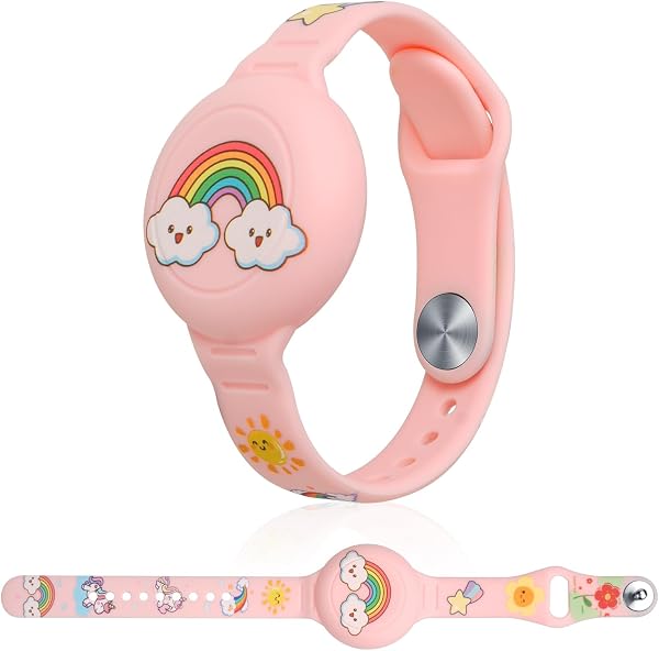 AXFEE AirTag Étuis de Protection, Silicone Bracelet Airtag pour Enfants, Mignon Housse de Protection AirTag Key Finder pour Enfants (Nuage Arc-en-Ciel Rose) - 1
