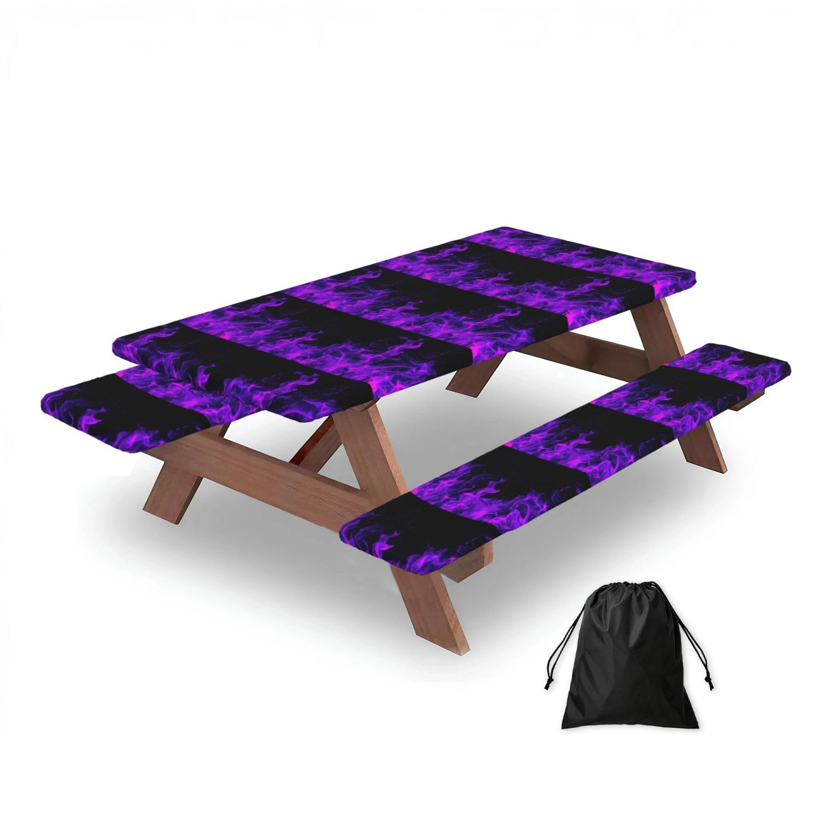 Dopklna As Picture Purple Flame, Picnic Table Cover With Bench Covers -Waterproof Elastic Fitted Tablecloth For Garden Camping Patio 76X152cm