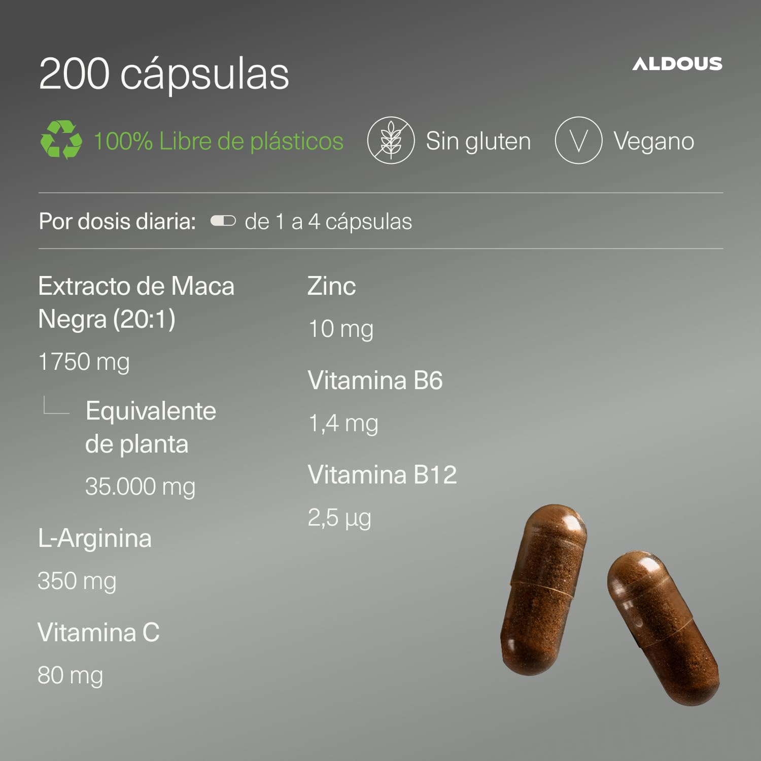 Maca Negra Peruana Complex 35.000 mg - Ultraconcentrada - 200 cápsulas - Arginina, Zinc, Vitamina C, B12 y B6 - Maca Peruana Extracto 20:1 - Aumenta Energía, Vitalidad - Libre de plástico - ALDOUS