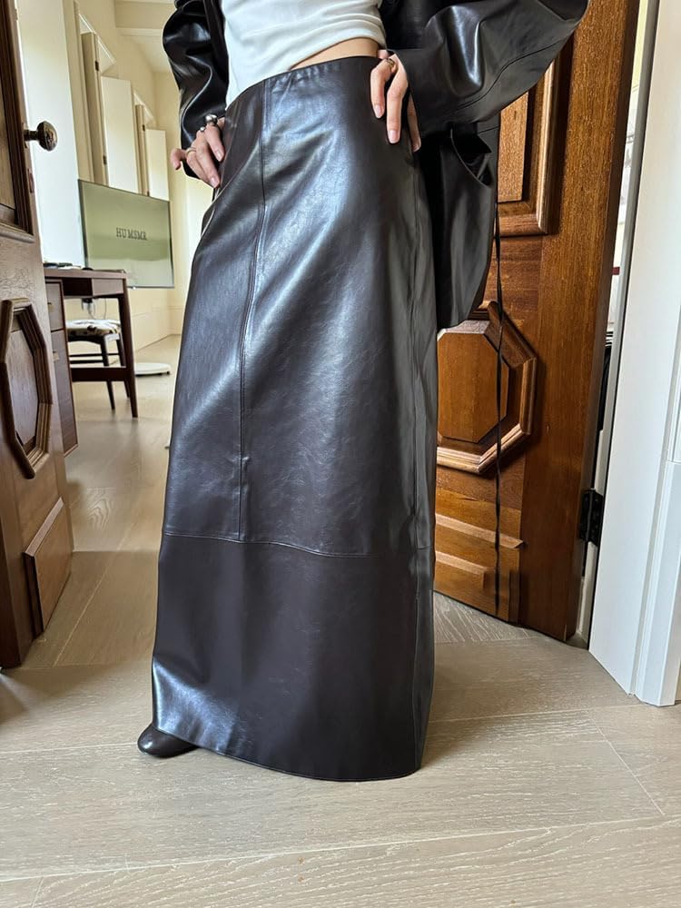 Women's Leather Suit Two Pieces Single Breasted Button Jacket and Long Skirt for Party Banquet