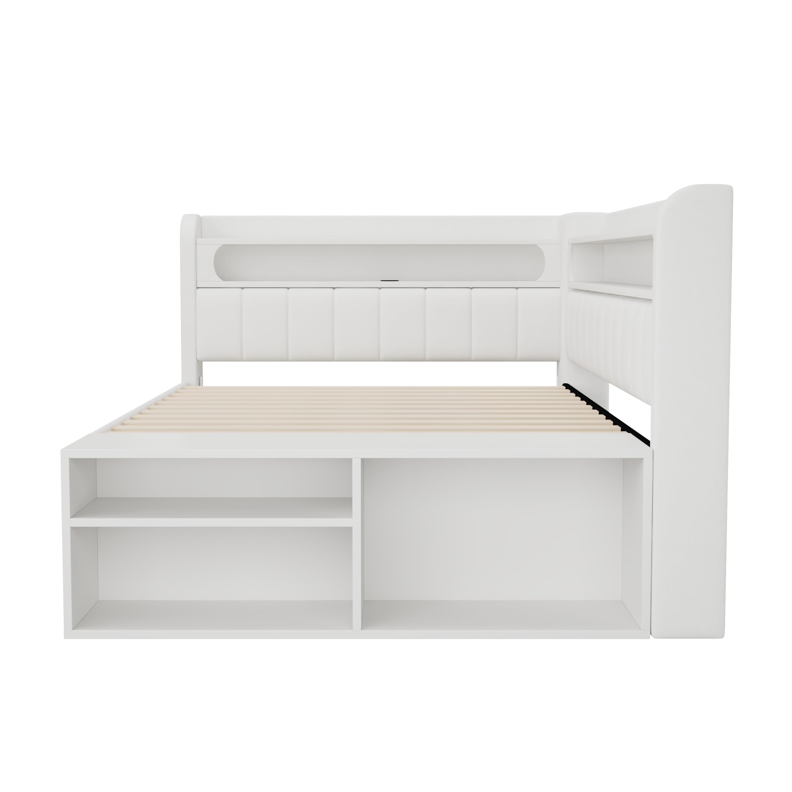Moimhear Divano letto imbottito con porta USB e striscia luminosa a LED, con scarpiera e due cassetti, 90 x 200 cm (bianco)