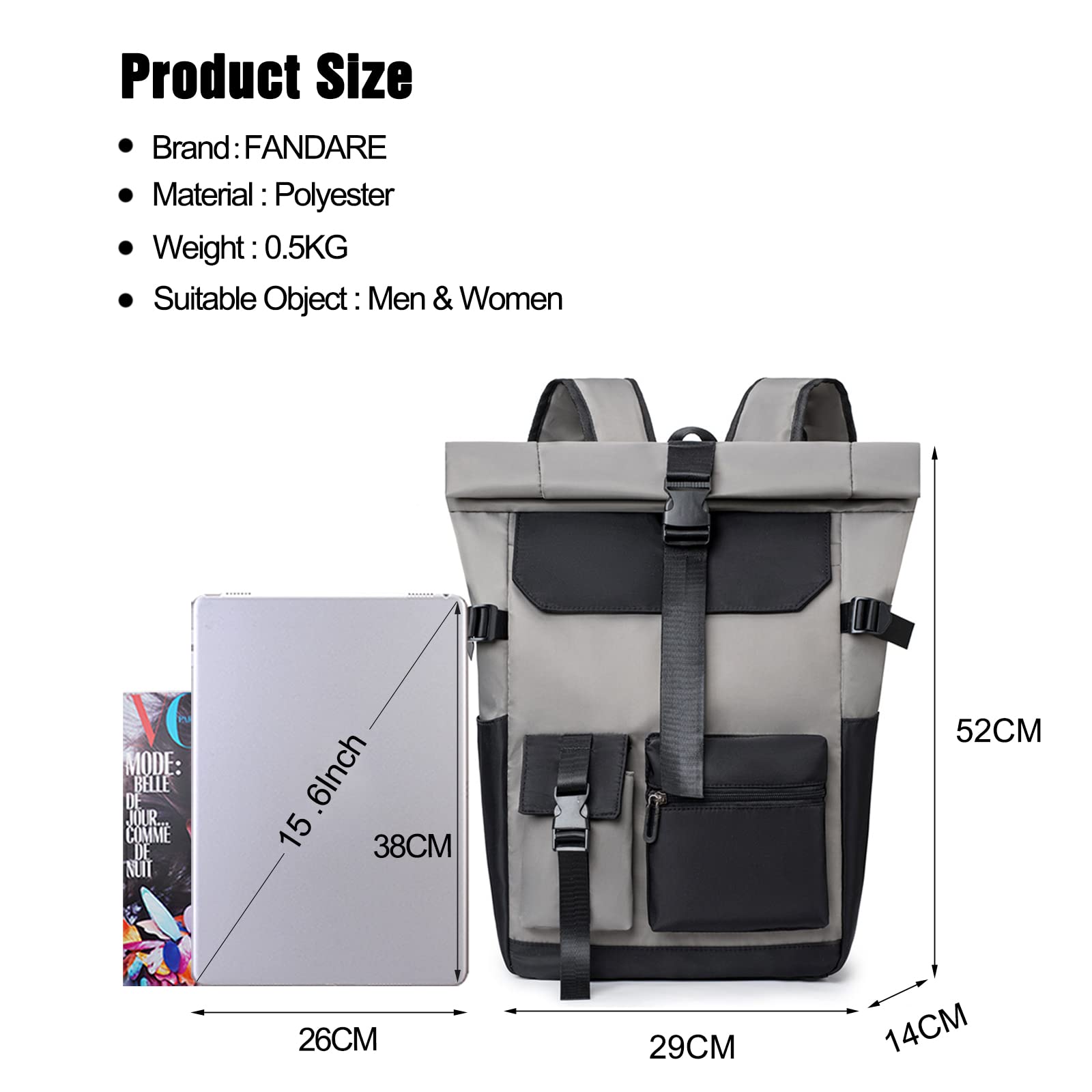FANDARE Retrò Zaino Rolltop Ultraleggero Porta PC 15.6 Pollici, Zainetto per Scuola Università Viaggio Lavoro, da Uomo Donna - Grigio Scuro