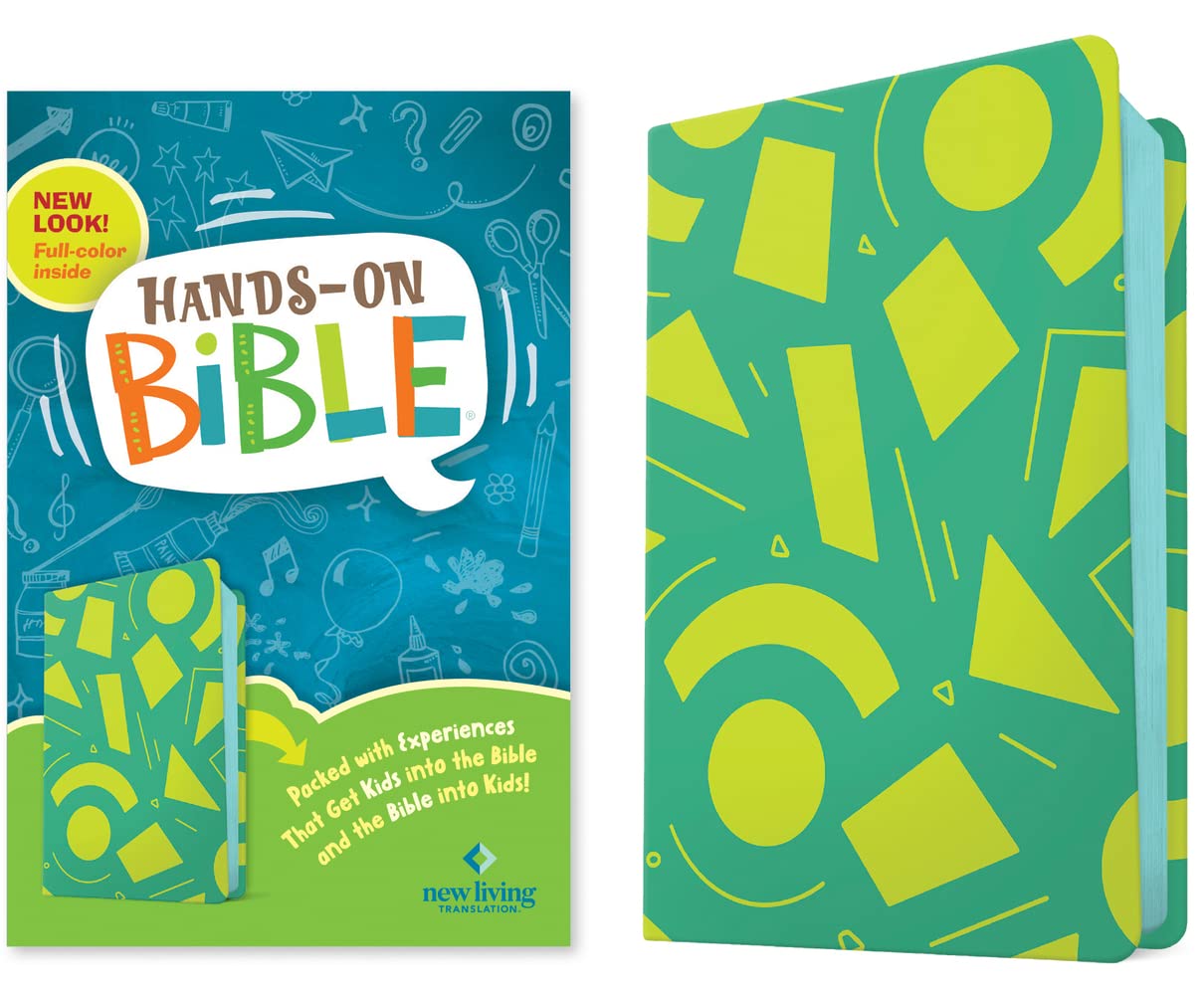 NLT Hands-On Bible for Kids, 3rd Edition (Green Lines and Shapes LeatherLike): Full-Color, Family Activities, Amazing Facts, Charts, and Maps