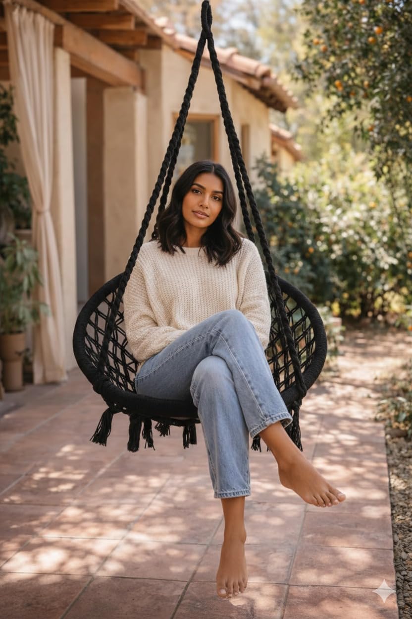 Labonya Macrame Hammock Swing Chair for Adults and Kids | Black, 120 Kg Capacity | Balcony, Living Room and Garden | Handmade Boho Hanging Swing Chair for Home Décor | Indoor and Outdoor Jhoola-image-28