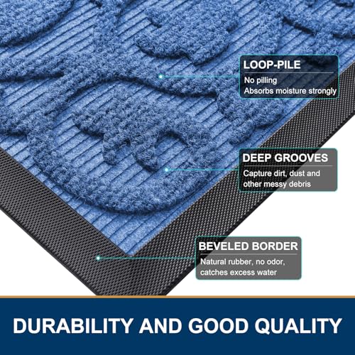 Image of Smiry Welcome Door Mat Outside Entrance, Heavy Duty Trap Dirt and Moisture Easy Clean Low Profile Patio Porch Indoor Outdoor Front Doormat for Entry, 35x23 Inch, Blue