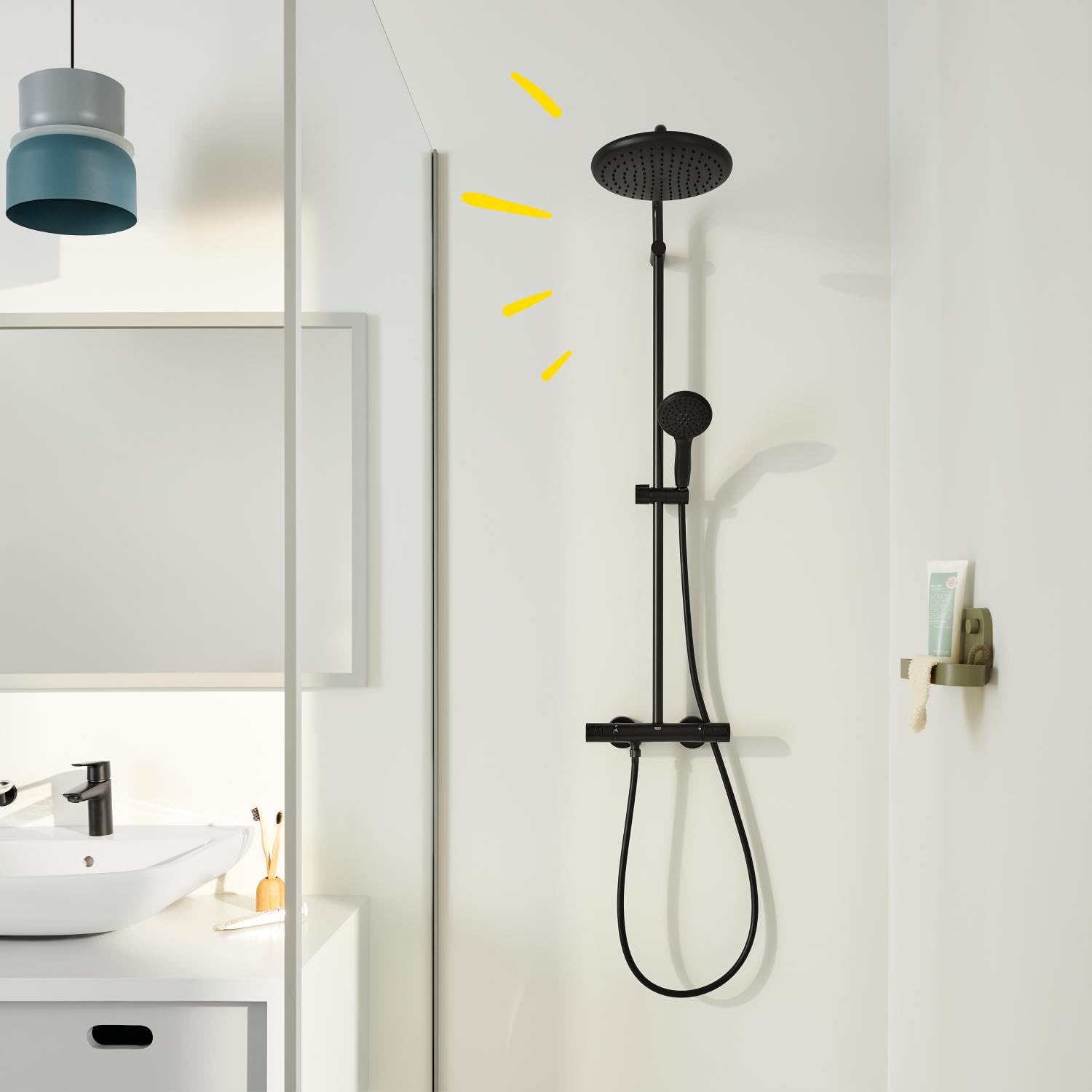 GROHE Vitalio Start System 250, Colonne de Douche avec Mitigeur Thermostatique, Douche de Tête Ronde 25cm 1 jet, Douchette Ronde 11cm 2 jets, Flexible 1.75m, Economie d'Eau, Noir Mat, 266772431