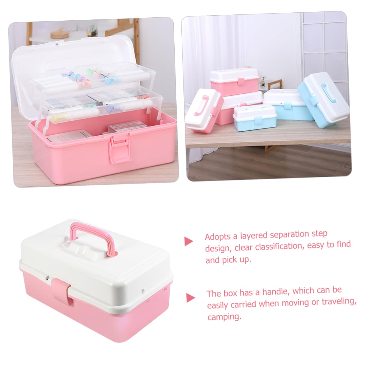 MAGICLULU Mehrschichtige Aufbewahrungsbox für Schreibwaren, Rosa, Pp | Dreistufige Trennstruktur, für Beauty Zubehör und Stickzubehör, Tragbare Ausführung für Camping und Umzug