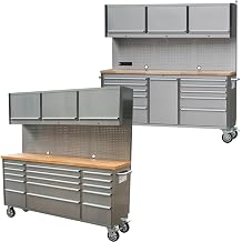72 inch 11 Drawers Tool Chest with 3 Up Cabinet & Pegboard in Stainless Steel, Large Lockable Mobile Workbench with 6 Blue Storage Bins, Tool Box for Garage, Workshop 1 HTC7214W1+ 1 HTC7218W1